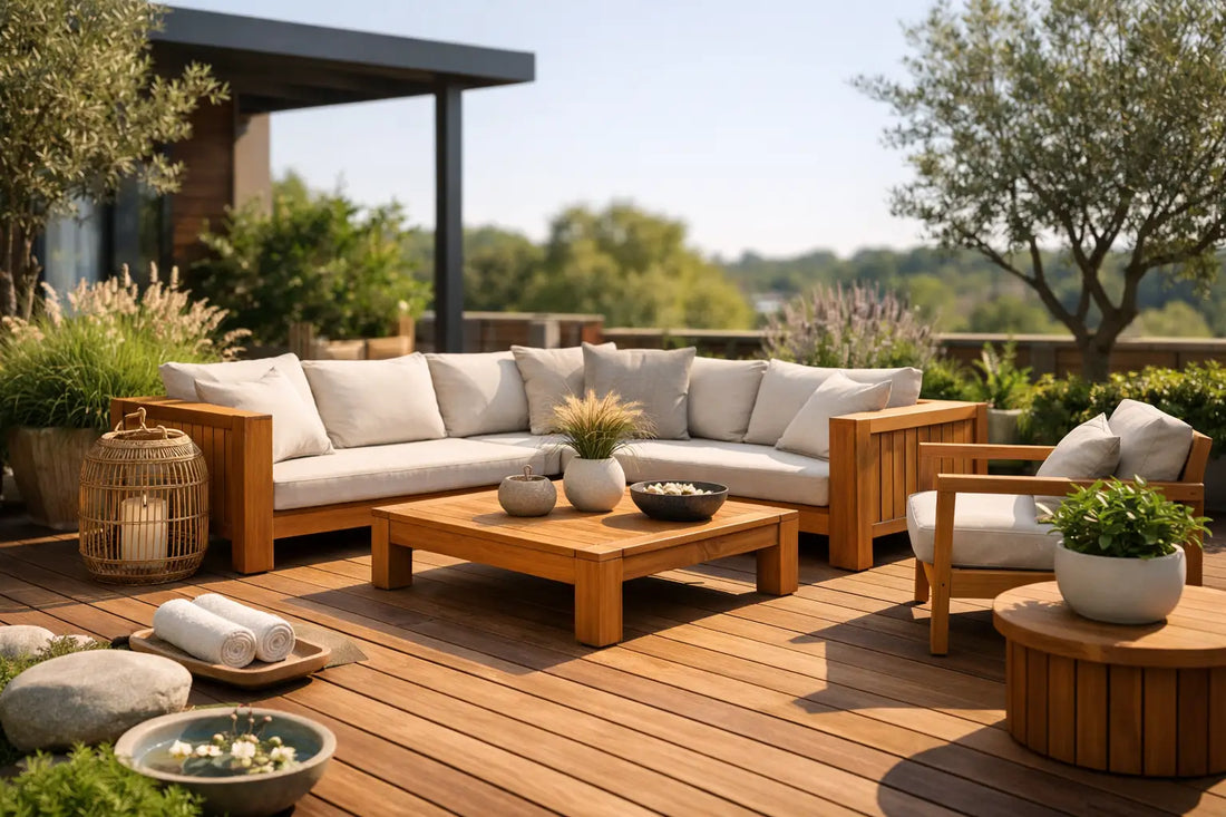 Terrassensitzplatz mit Teak harmonisch gestalten