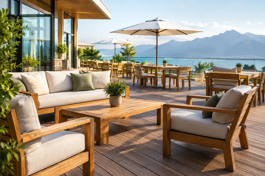 Hotelterrasse mit Massivholzmöbeln planen