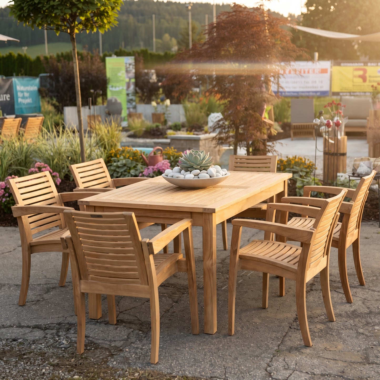 Matahari Merkur Ausziehtisch 165-220cm Outdoor Gartenmöbel Set aus massivem Teak 6 Stühle