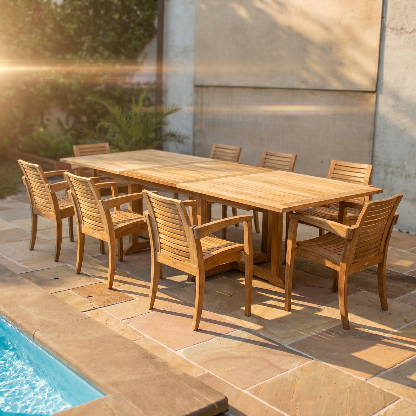 Matahari Zeus Ausziehtisch 220-300cm Outdoor Gartenmöbel Set aus massivem Teak 8 Stühle