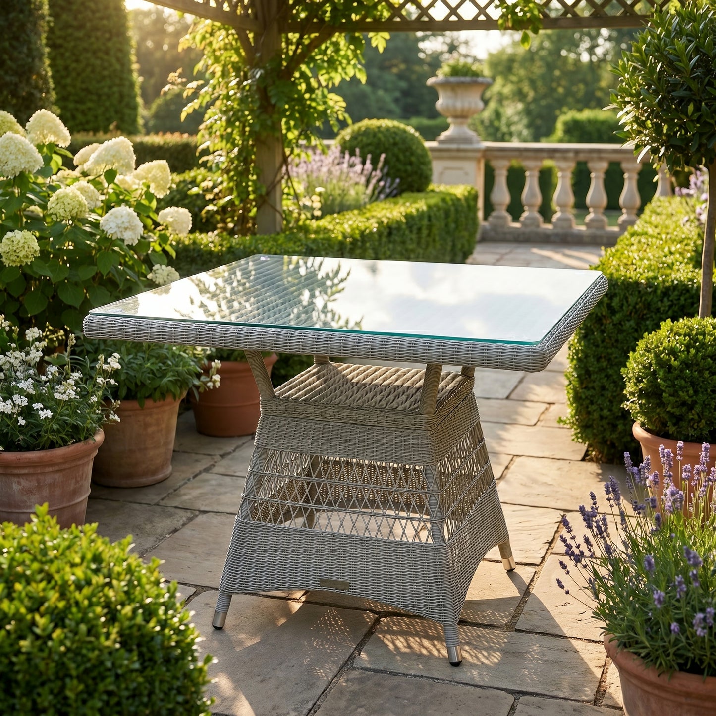 Matahari Gartentisch Acapulco Ø 100 cm Aluminium/Polyrattan grau mit Glasplatte