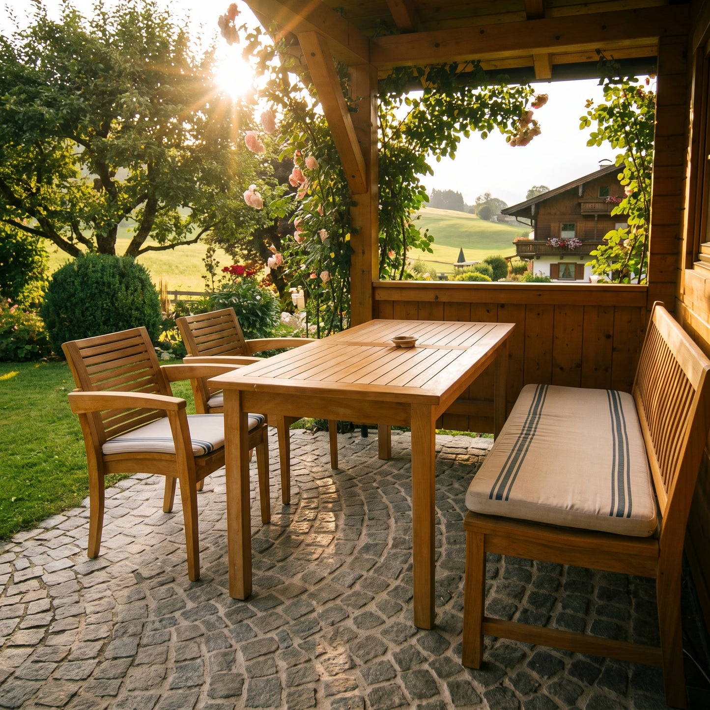Matahari Merkur Tisch mit 2 Stühlen und 150cm Bank Outdoor Gartenmöbel Set aus massivem Teakholz